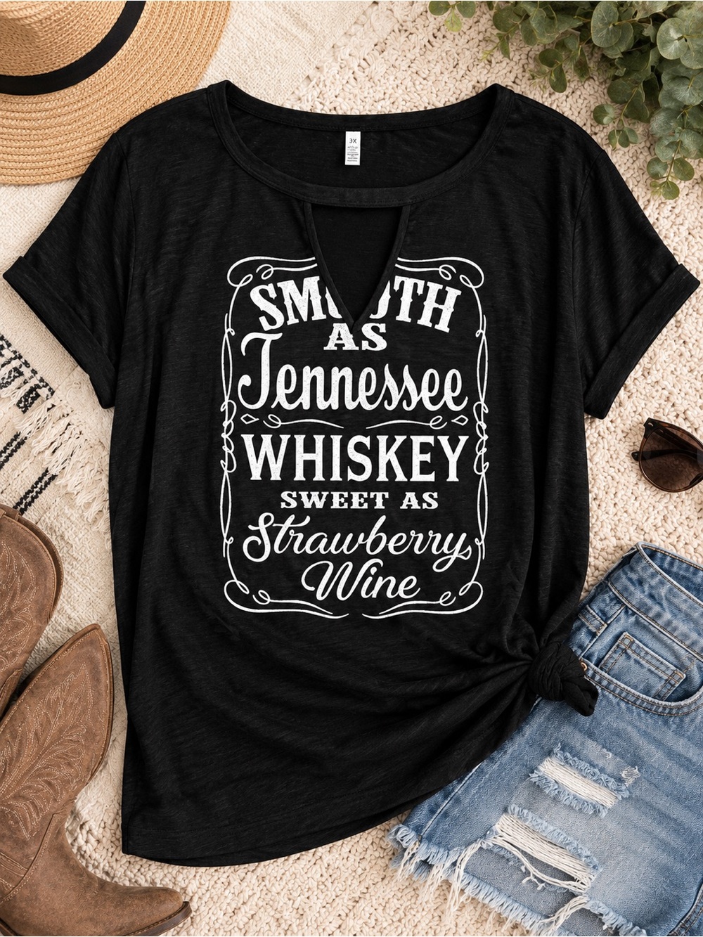 Tennessee Whiskey Strawberry Wine Country Graphic Tee Black Plus Size 3X